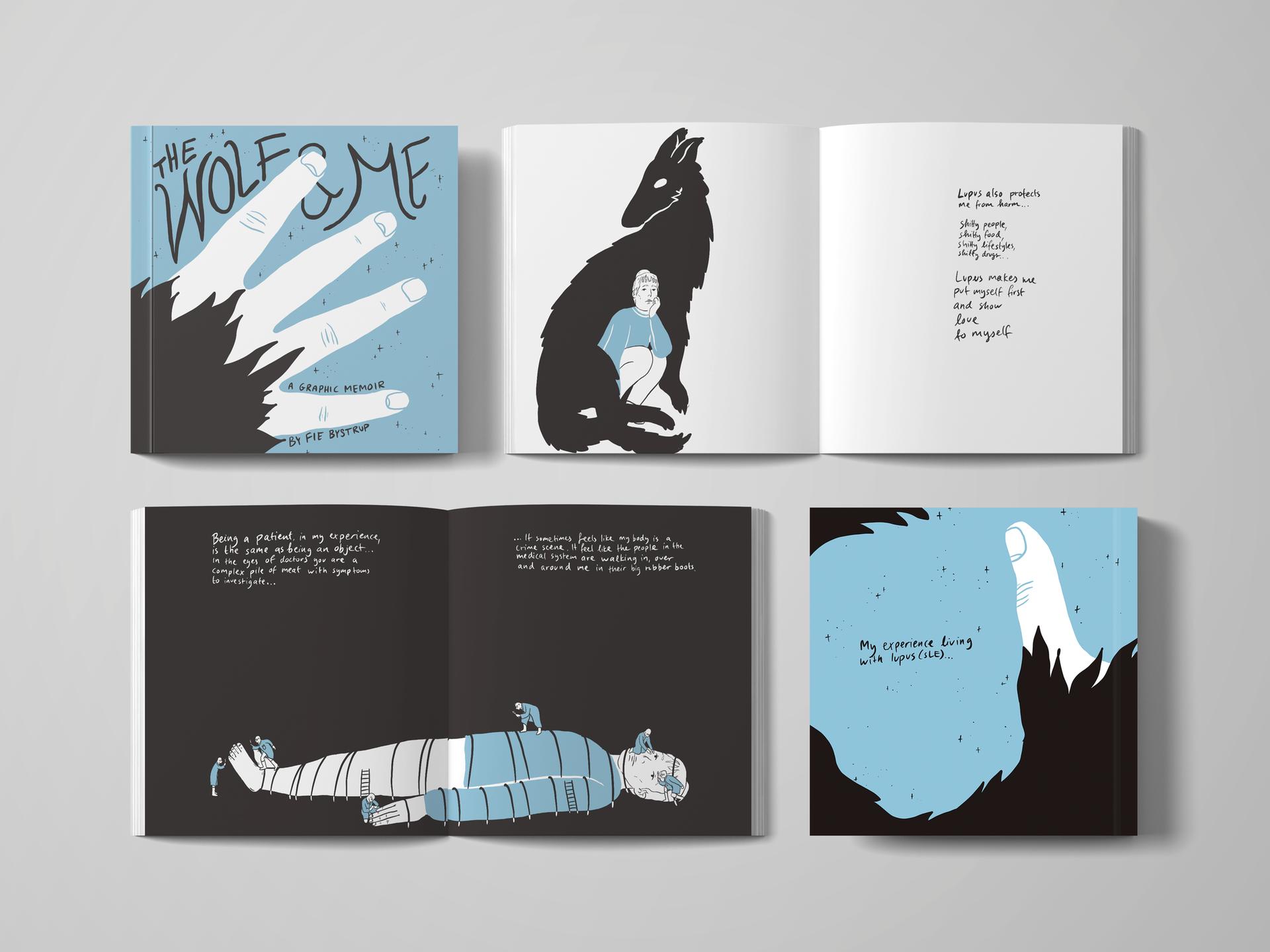 Die Fotografie zeigt den Titel und einige Doppelseiten aus der Graphic Novel "The Wolf and me", unter anderem eine junge Frau, die von der Silhouette eines Wolfes umschlungen wird.
