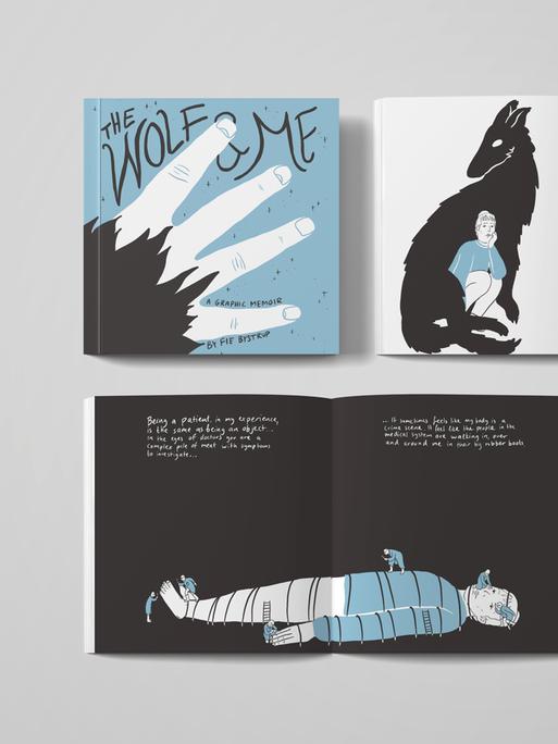 Die Fotografie zeigt den Titel und einige Doppelseiten aus der Graphic Novel "The Wolf and me", unter anderem eine junge Frau, die von der Silhouette eines Wolfes umschlungen wird.
