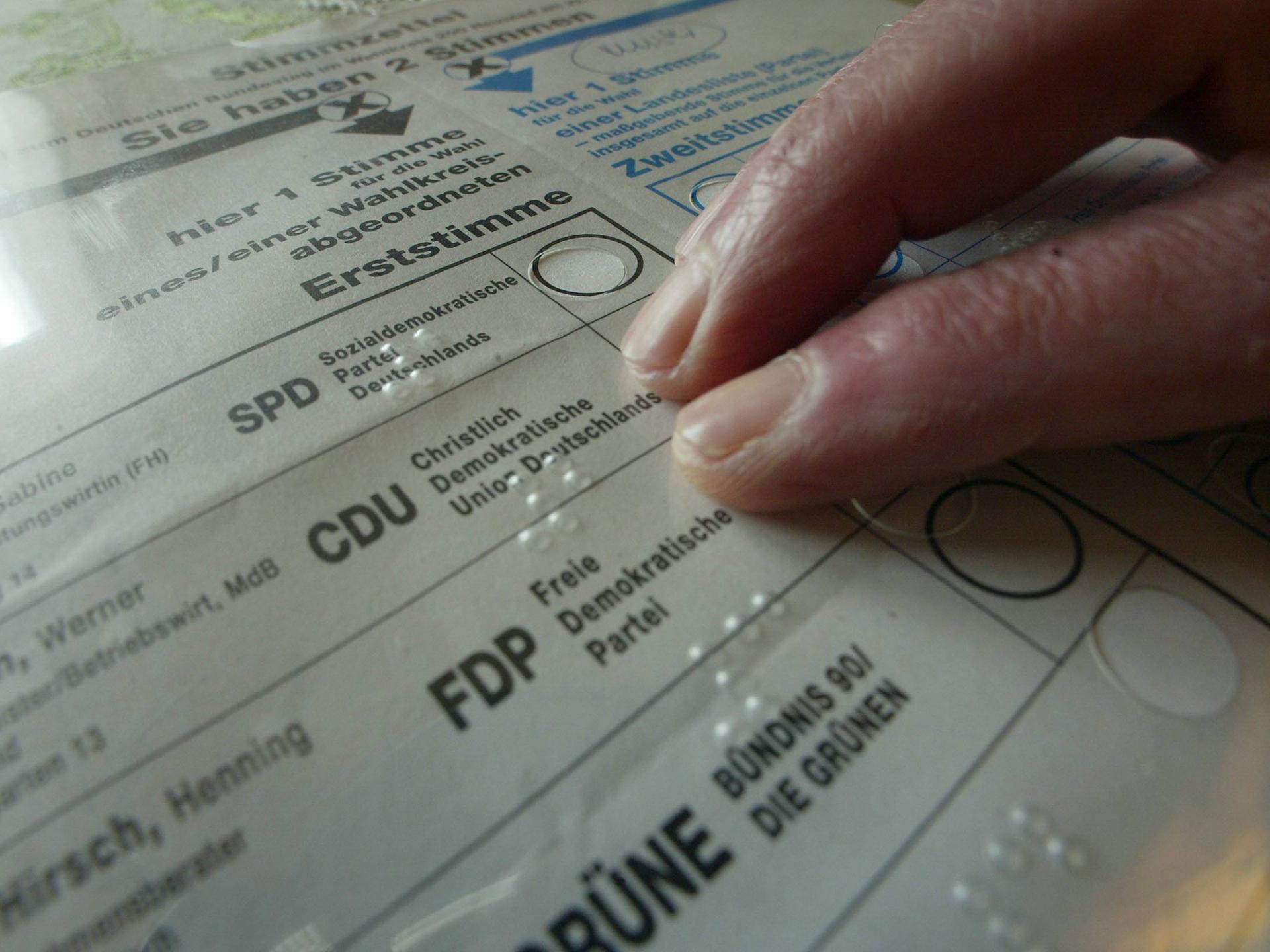 Wahlzettel mit Braille-Schablone 