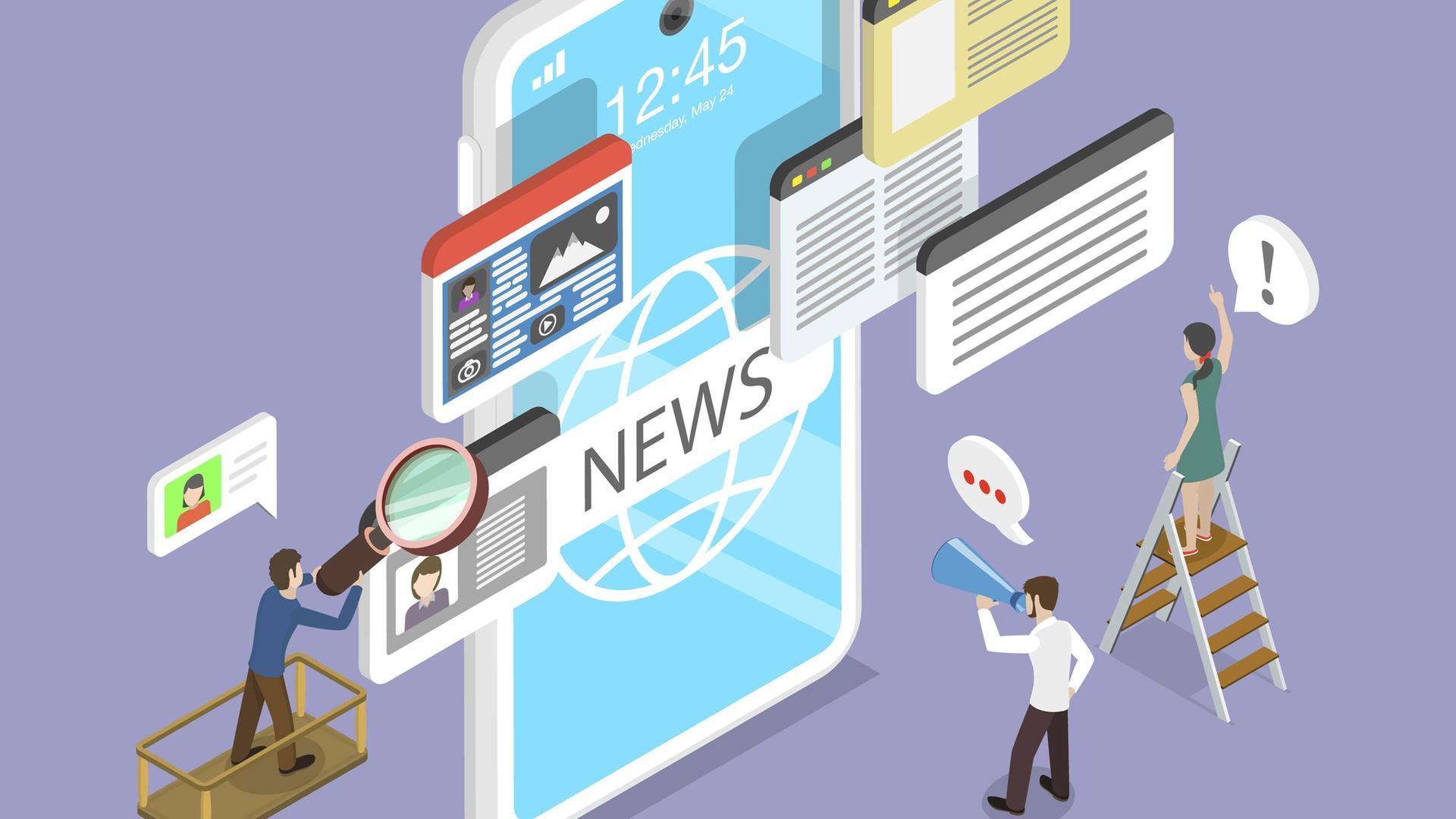 Eine Illustration auf lila Hintergrund, auf einem Bildschirm steht in Großbuchstaben "NEWS", mehrere Figuren halten Lautsprecher, Lupe und Arm nach oben, um Nachrichten zu entziffern.