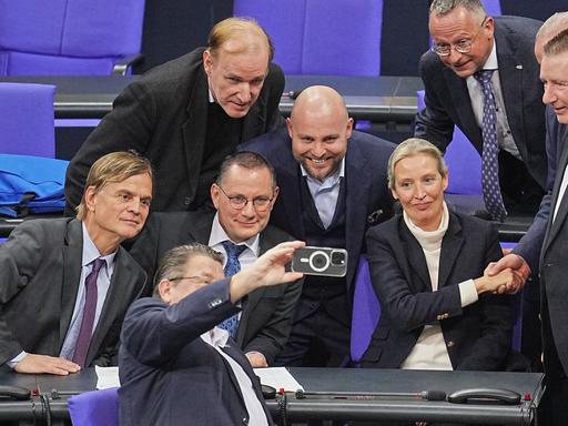 Abgeordnete der AfD-Bundestagsfraktion freuen sich nach der Bekanntgabe des Ergebnisses der namentlichen Abstimmung über Anträge der Unionsfraktion zur Verschärfung der Migrationspolitik und machen ein Selfie.