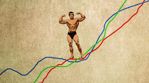 Bodybuilder posiert oben auf einem Liniendiagramm