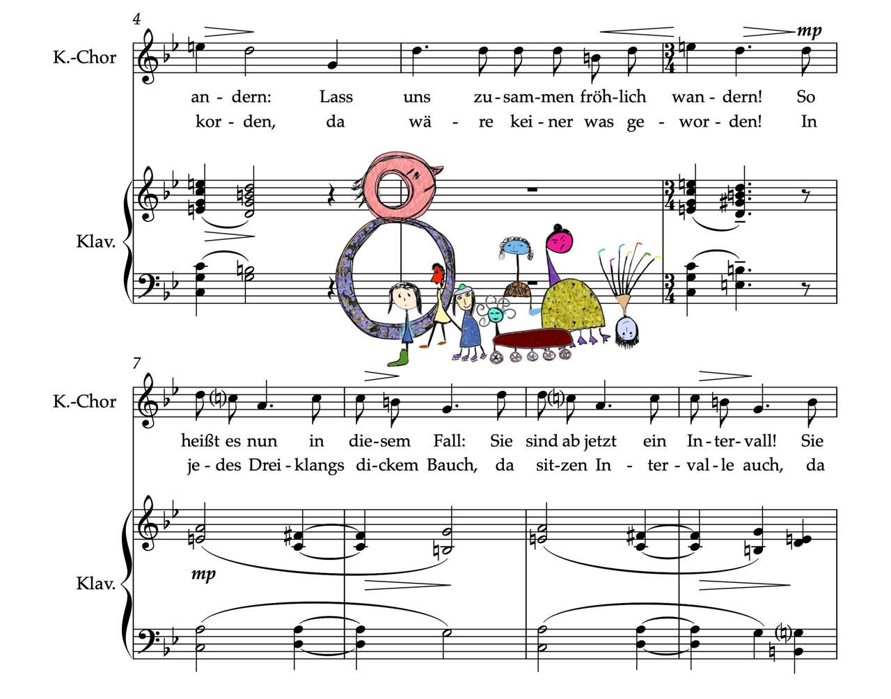 Auf einem Notenblatt sind Zeichnungen von fantasievollen Figuren eingebunden, die das Lied singen, von dem sie umgeben sind. 