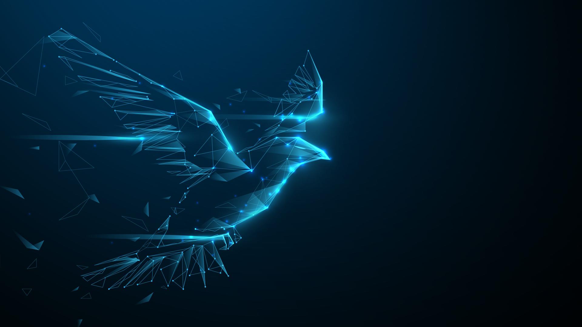 Illustration: Ein Falke im Flug, gestaltet aus Linien, Dreiecken und Partikelelementen