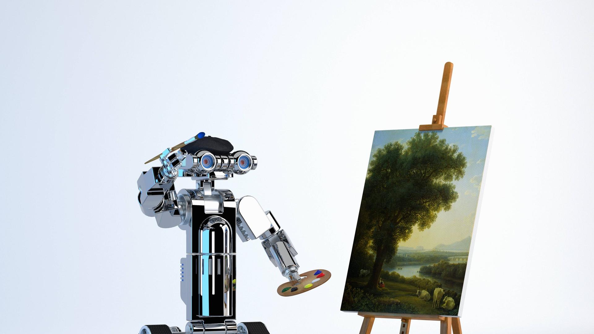 Roboter Maler malt auf einer Leinwand 