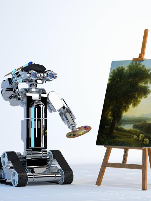 Roboter Maler malt auf einer Leinwand 