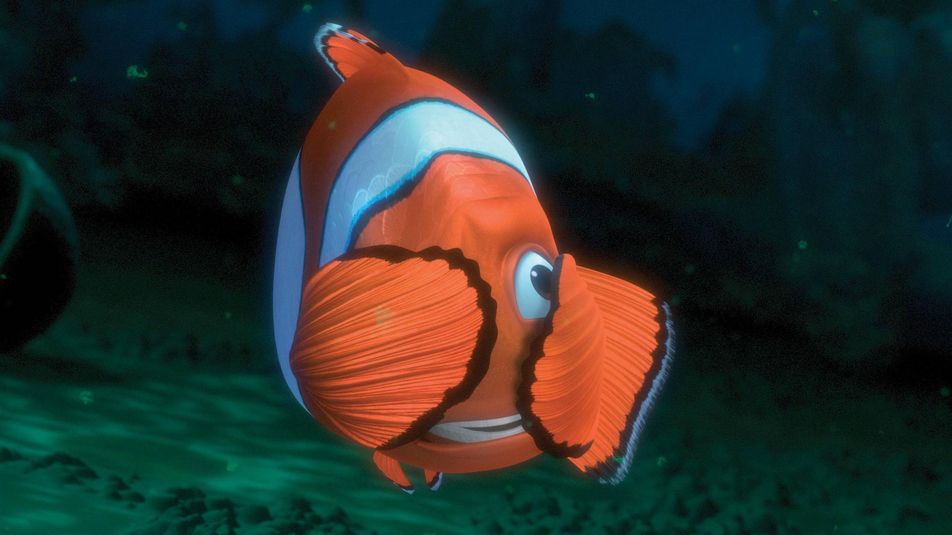 Szenenbild aus dem Film "Findet Nemo". Der Vater von Nemo hält sich mit den Flossen die Augen zu.