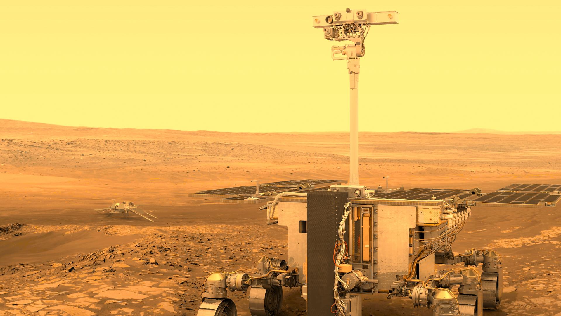 Das Bild zeigt die Illustration eines Marsfahrzeugs, das auf der Marsoberfläche steht. Das Bild zeigt die Illustration eines Marsfahrzeugs, das auf der Marsoberfläche steht.