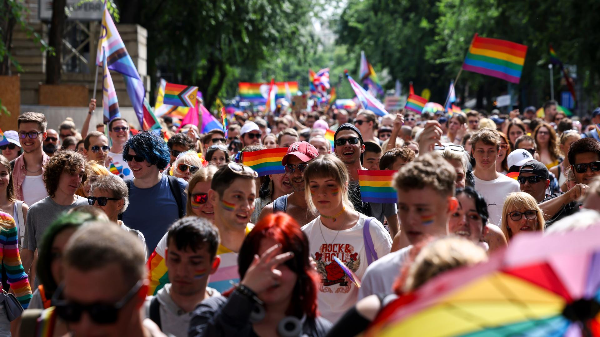 Viele Menschen ziehen bei der 29. Pride Parade in Budapest durch die Stadt. 