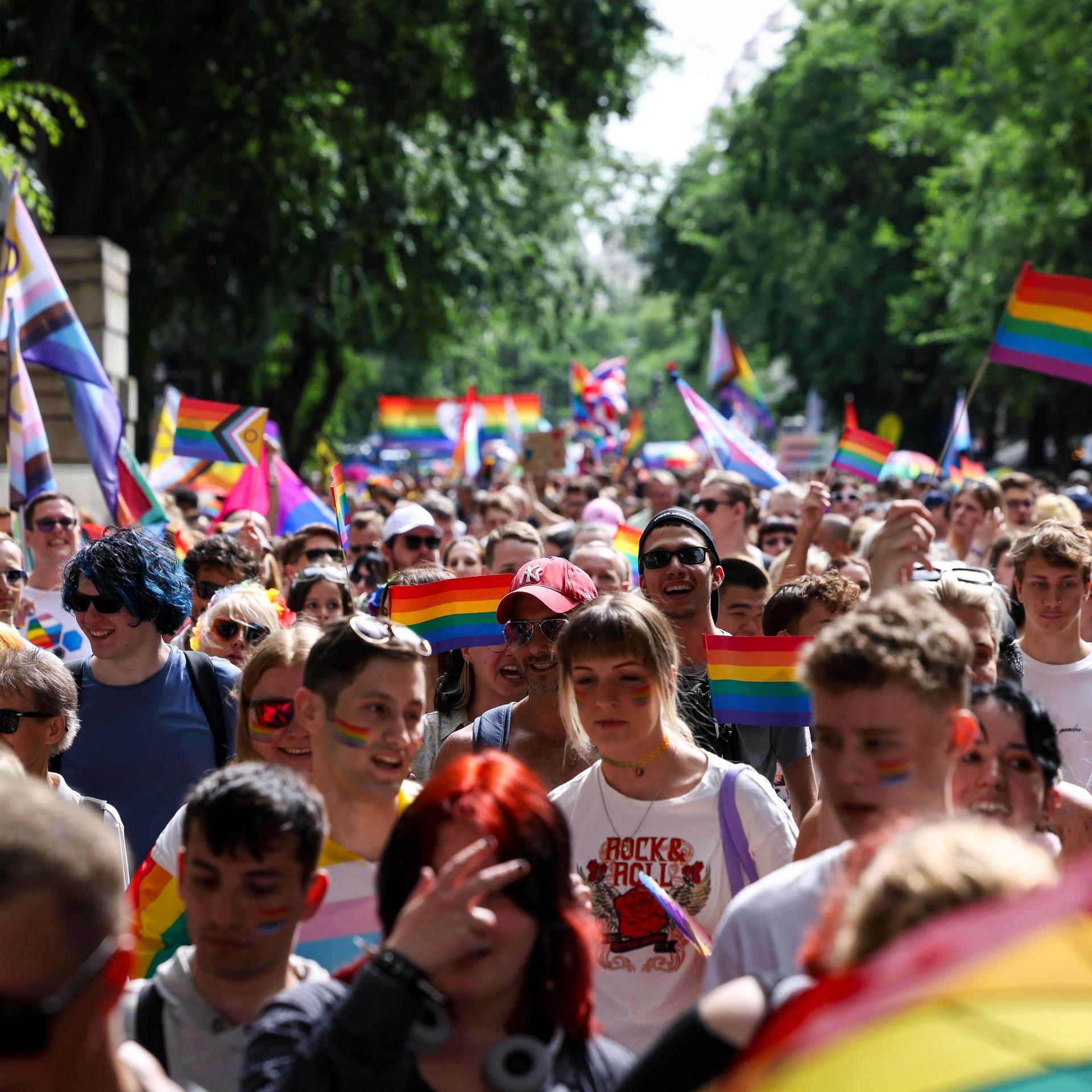 iele Menschen ziehen bei der 29. Pride Parade in Budapest durch die Stadt.  