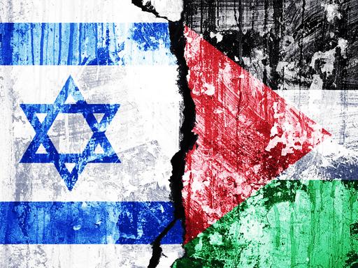 Eine Fotomontage zeigt die israelische und palästinensische Flagge nebeneinander, dazwischen klafft ein Riss.