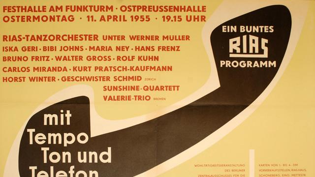 Drahtfunk-Plakat 1955 "Mit Tempo, Ton und Telefon: ein buntes RIAS-Programm"