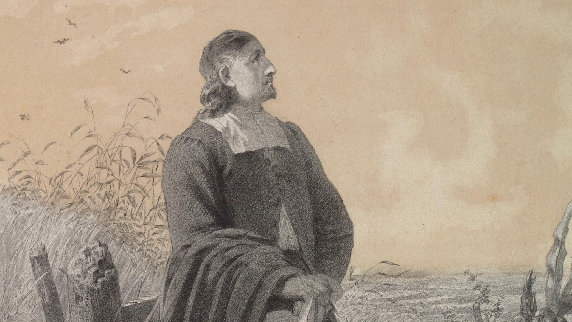 Illustration von Paul Gerhardt, der mit Gehstock und Buch in einer Landschaft steht. Im Hintergrund sind Grabsteine in einer Wiese zu sehen.