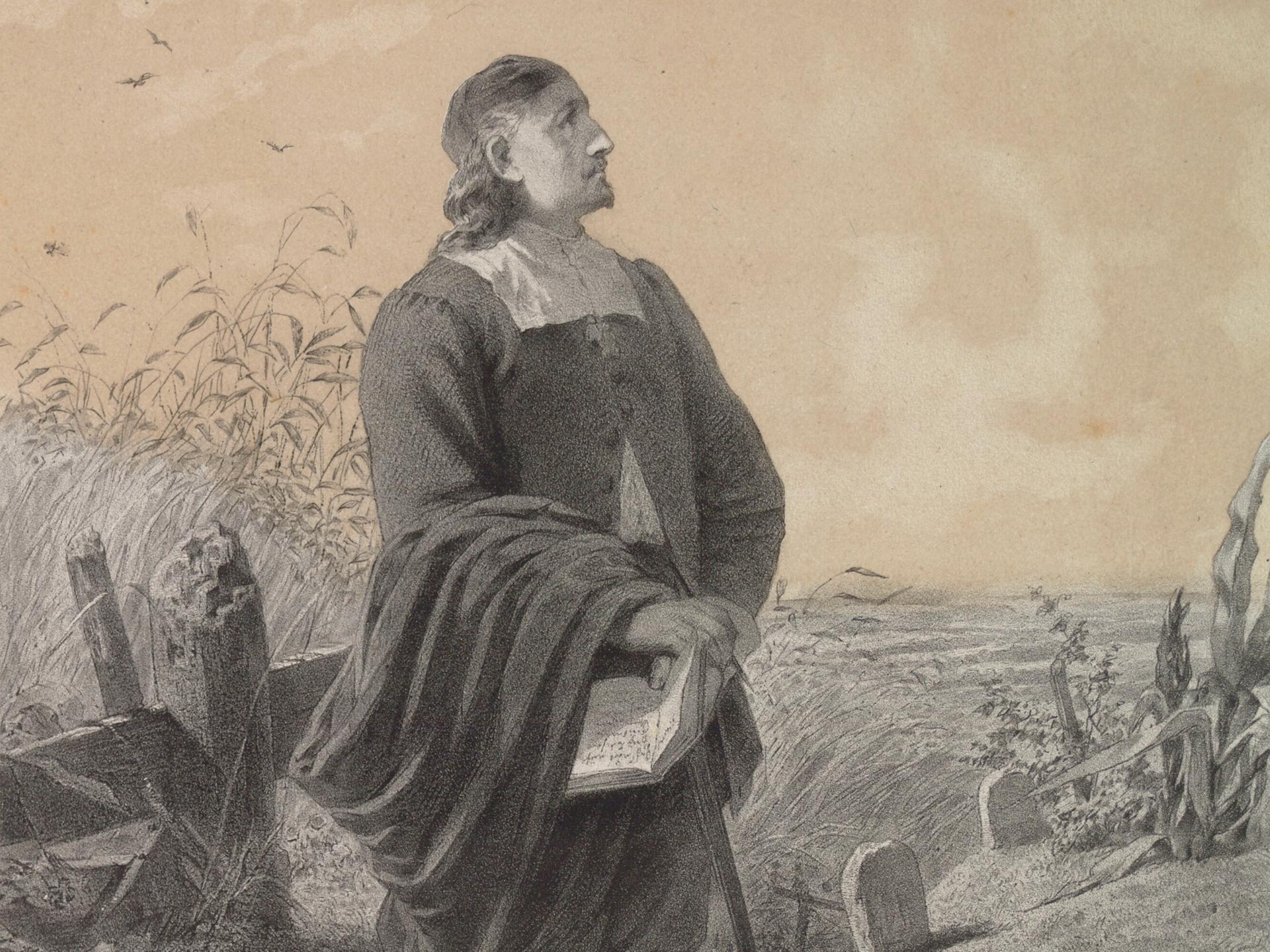 Illustration von Paul Gerhardt, der mit Gehstock und Buch in einer Landschaft steht. Im Hintergrund sind Grabsteine in einer Wiese zu sehen.
