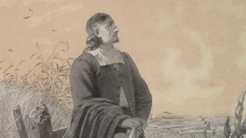 Illustration von Paul Gerhardt, der mit Gehstock und Buch in einer Landschaft steht. Im Hintergrund sind Grabsteine in einer Wiese zu sehen.