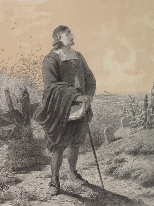 Illustration von Paul Gerhardt, der mit Gehstock und Buch in einer Landschaft steht. Im Hintergrund sind Grabsteine in einer Wiese zu sehen.