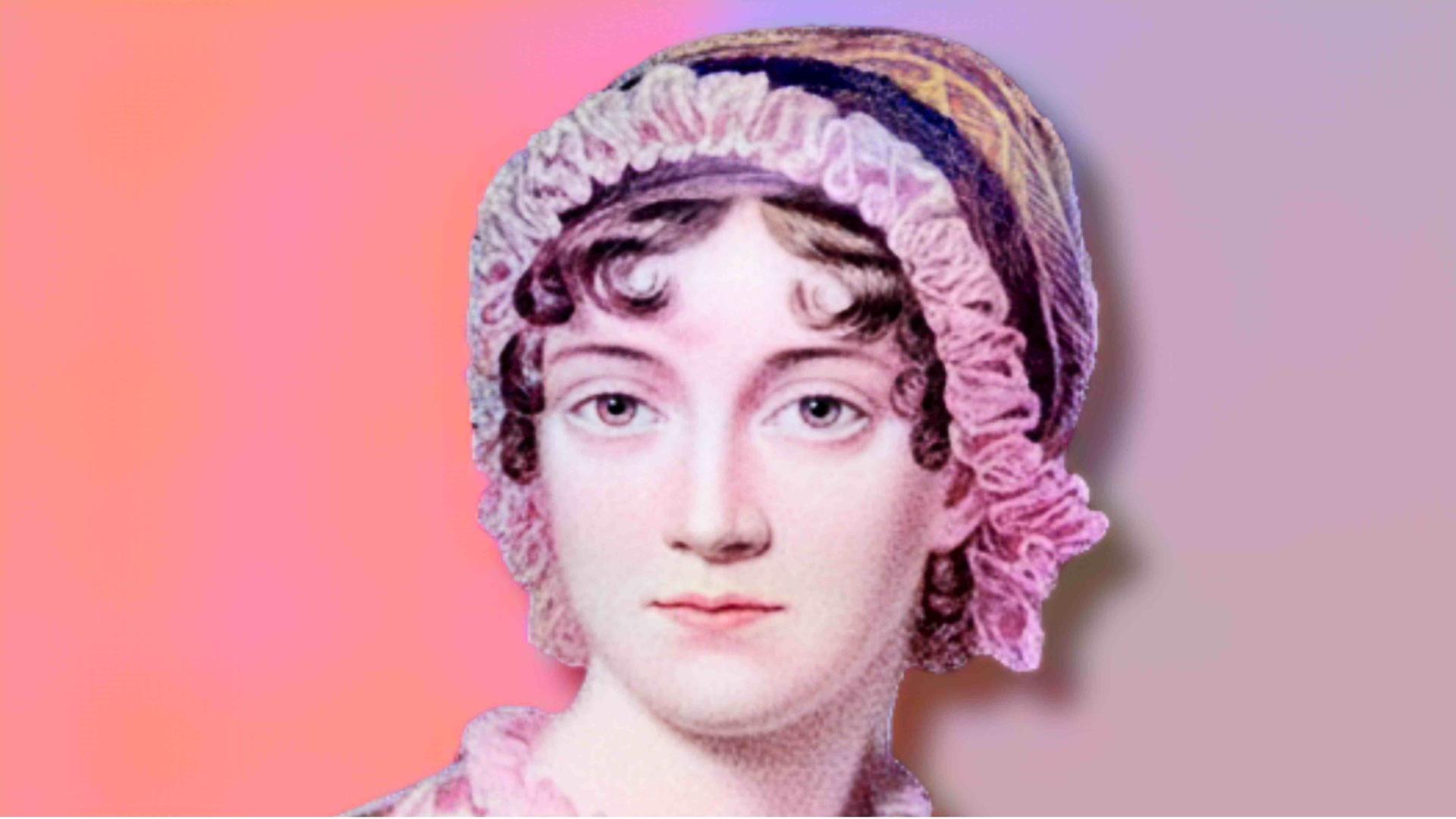 Porträt der englischen Schriftstellerin Jane Austen (1775 - 1817), pink-lila eingefärbt, pink-lilafarbener Hintergrund Porträt der englischen Schriftstellerin Jane Austen (1775 - 1817), pink-lila eingefärbt, pink-lilafarbener Hintergrund