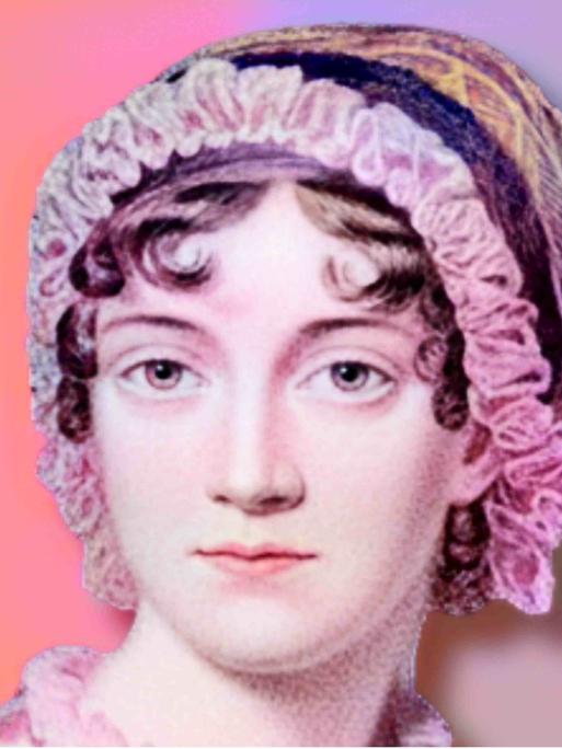 Porträt der englischen Schriftstellerin Jane Austen (1775 - 1817), pink-lila eingefärbt, pink-lilafarbener Hintergrund Porträt der englischen Schriftstellerin Jane Austen (1775 - 1817), pink-lila eingefärbt, pink-lilafarbener Hintergrund