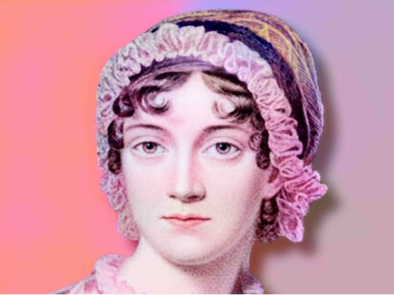Porträt der englischen Schriftstellerin Jane Austen (1775 - 1817), pink-lila eingefärbt, pink-lilafarbener Hintergrund Porträt der englischen Schriftstellerin Jane Austen (1775 - 1817), pink-lila eingefärbt, pink-lilafarbener Hintergrund