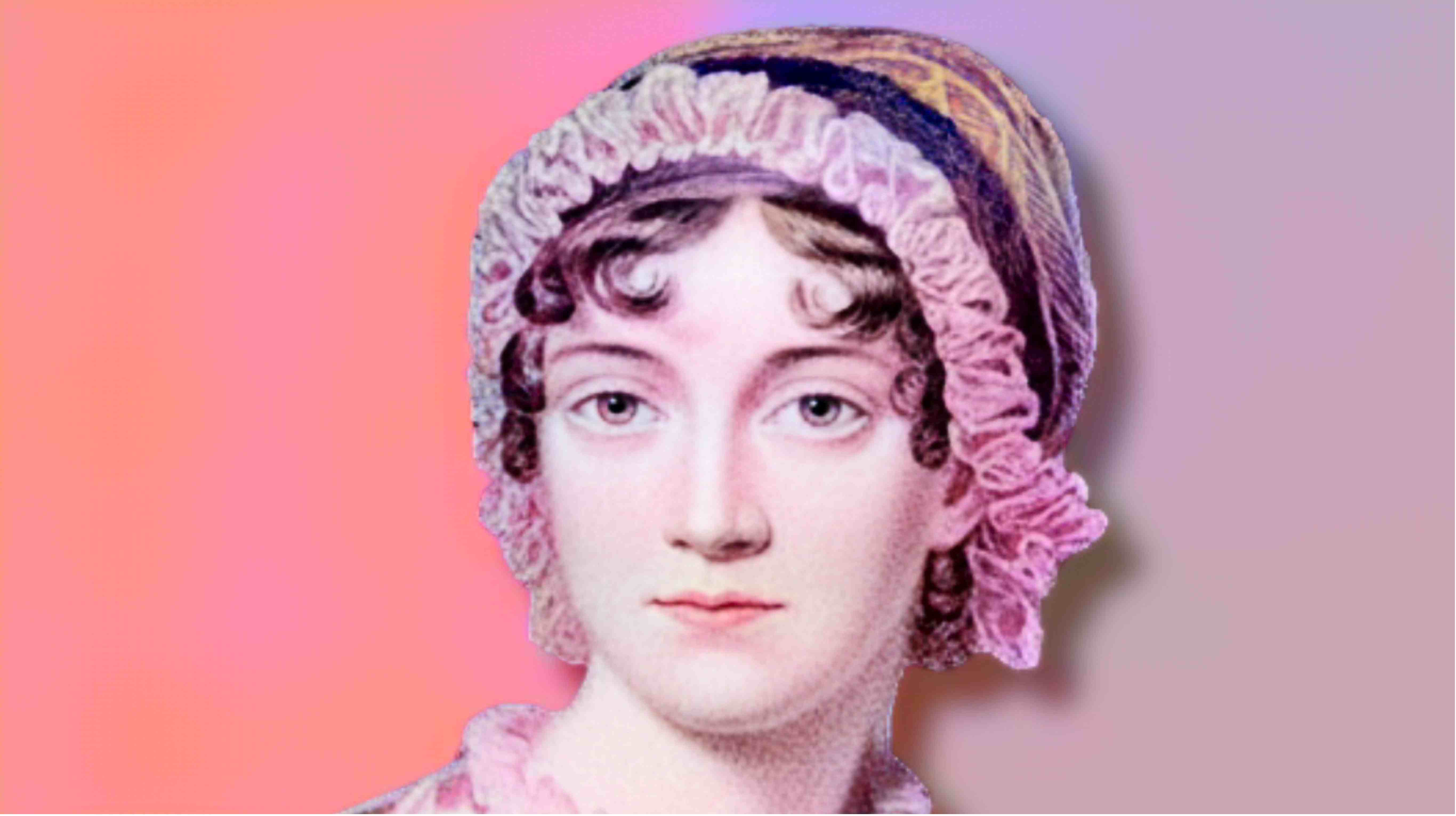 Porträt der englischen Schriftstellerin Jane Austen (1775 - 1817), pink-lila eingefärbt, pink-lilafarbener Hintergrund