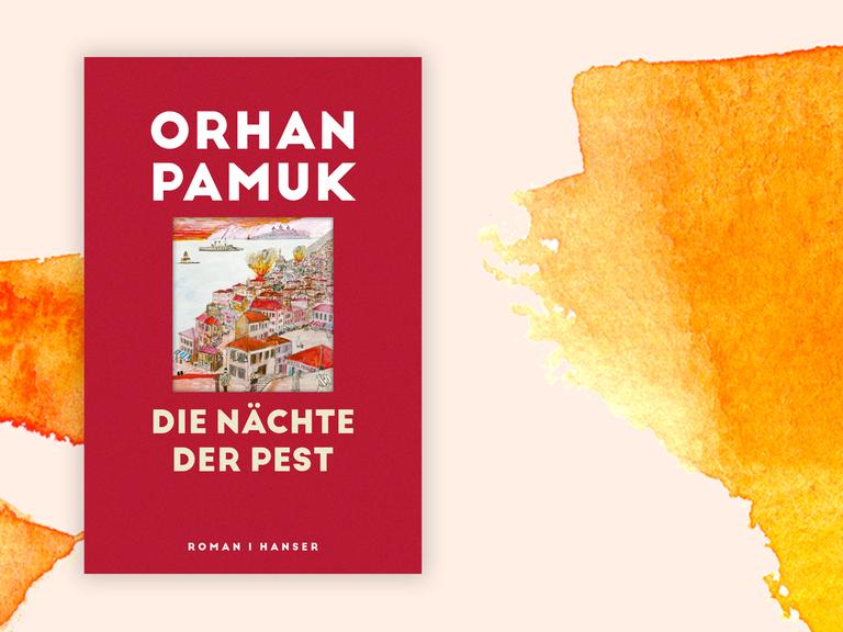 Das Cover zeigt den Autorennamen und Buchtitel auf rotem Hintergrund. In der Mitte ist ein gemaltes Bild einer Stadt am Meer zu sehen.
