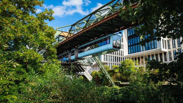 Eine Schwebebahn fährt über Bäume hinweg; im Hintergrund sieht man Häuser.