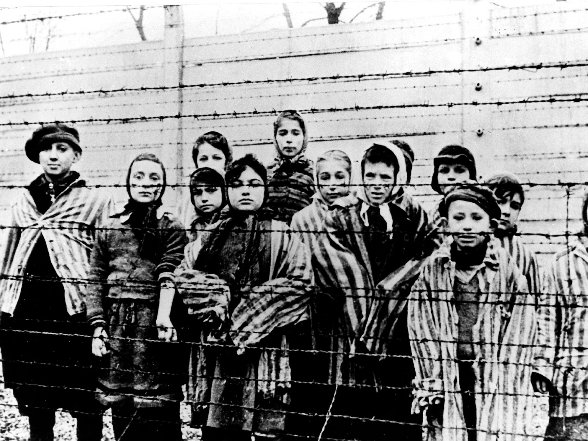Kinder in Häftlingskleidung hinter einem Stacheldrahtzaun nach der Befreiung des Vernichtungslagers Ausschwitz durch die Rote Armee 1945.