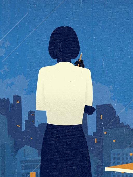 Illustration einer Frau, die mit dem Rücken zu uns nachdenklich an einem großen Fenster steht und über die Skyline einer Großstadt spricht.