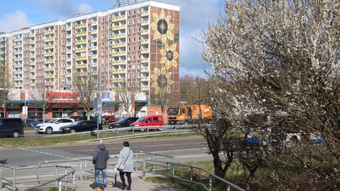 Blick auf einen Plattenbau mit einer Abbildung drei großer Sonnenblumen an einer Gebäudeseite.