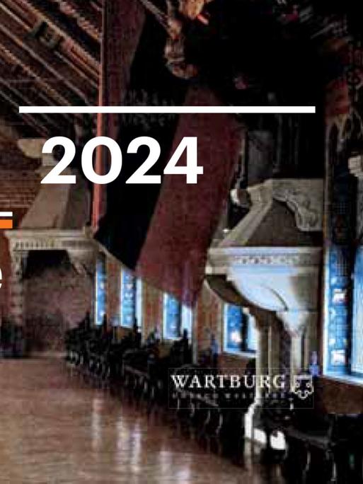 Logo Deutschlandfunk Kultur Wartburg Konzerte 2024 mit Blick in den Palas der Wartburg.