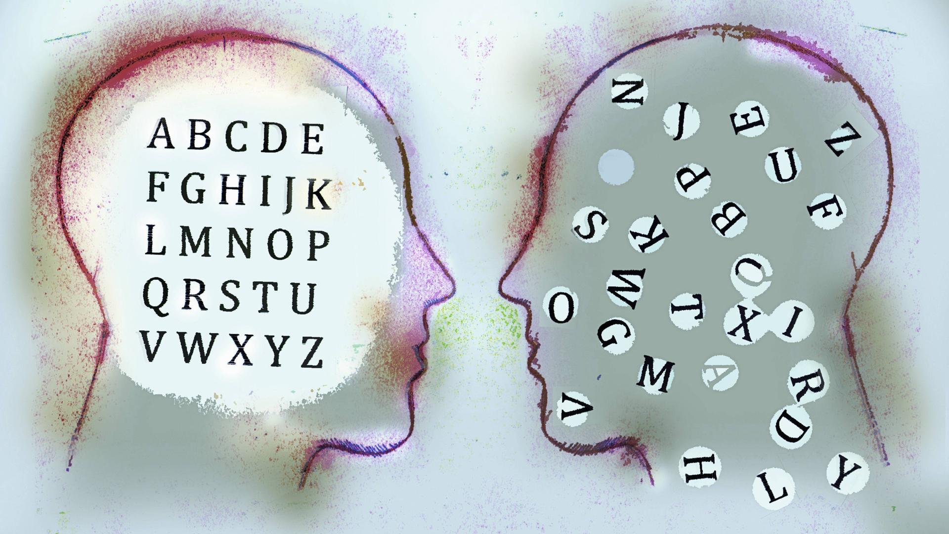 Illustration zweier zugewandter Köpfe: In einem Kopf sind die Buchstaben des Alphabets in korrekter Reihenfolge aufgeführt, im anderen Kopf fliegen alle Buchstaben durcheinander.