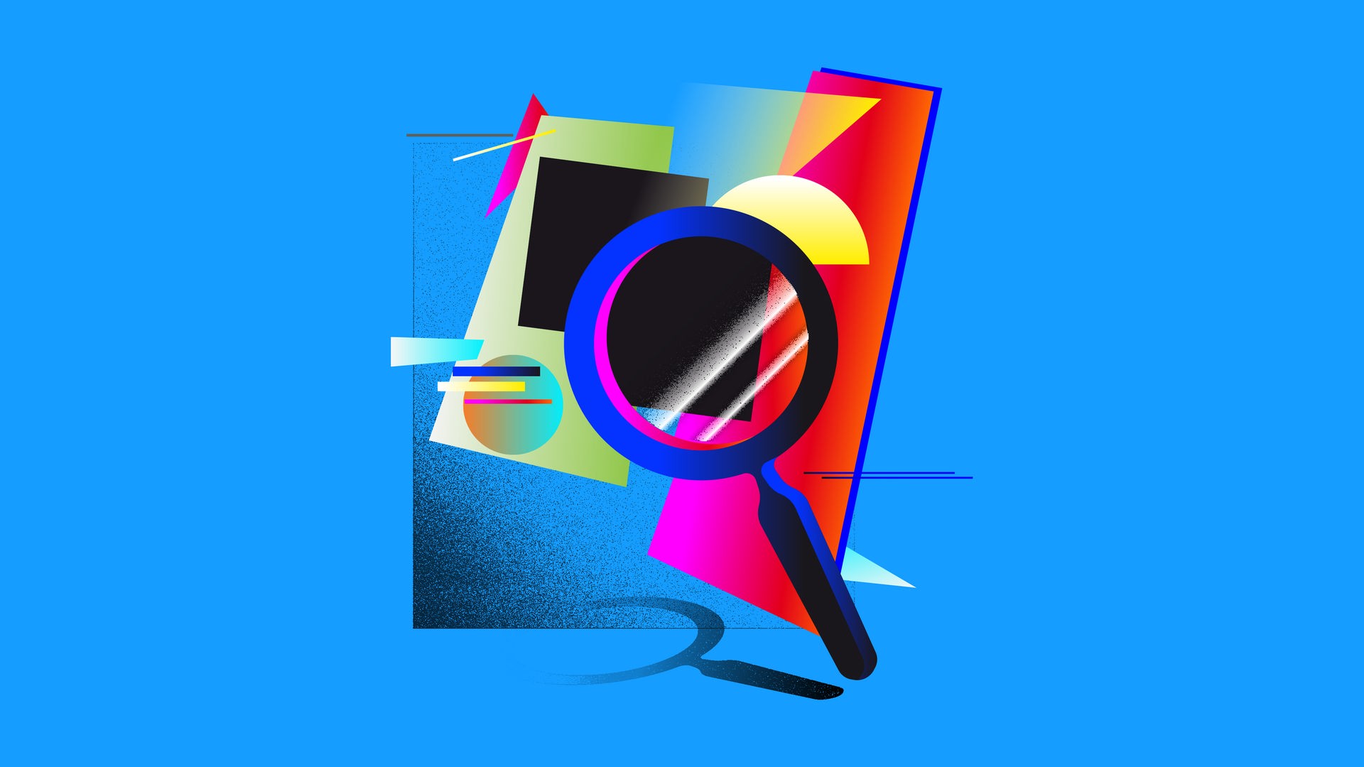 Eine Lupe und schemenhaft dargestellte Gemälde