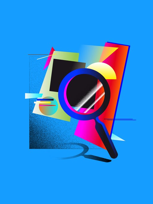 Eine Lupe und schemenhaft dargestellte Gemälde