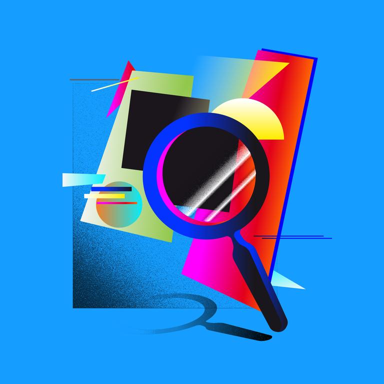 Eine Lupe und schemenhaft dargestellte Gemälde