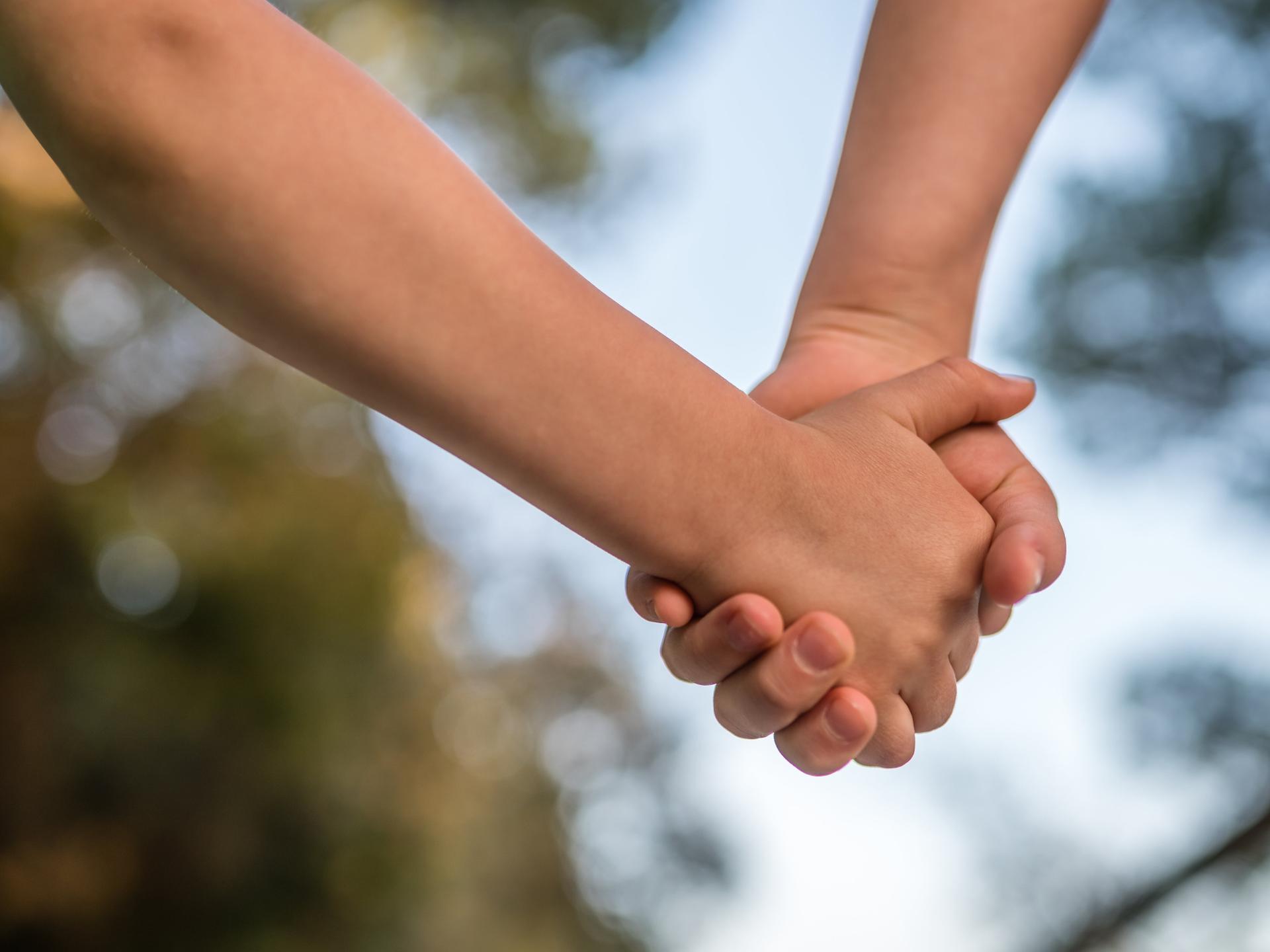 Zwei Hände halten sich, im Hintergrund ist verschwommen Blätter zu sehen