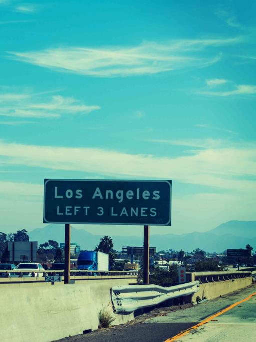 Bild einer Straße in Los Angeles mit einem Straßenschild "Los Angeles LEFT 3 LANES".