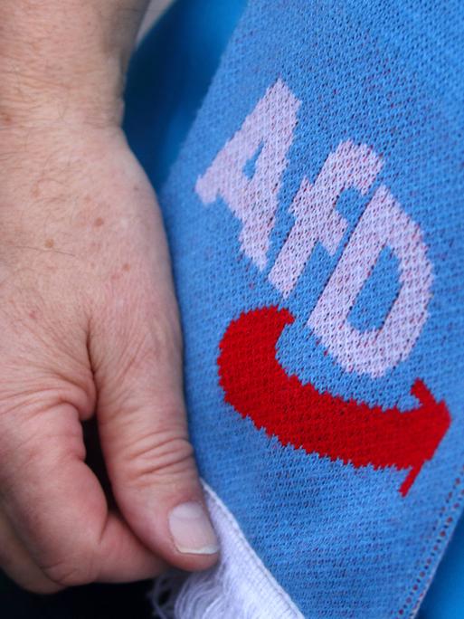 AfD-Anhänger trägt Schal mit AfD-Logo 