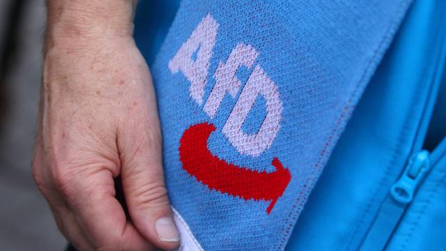 AfD-Anhänger trägt Schal mit AfD-Logo 