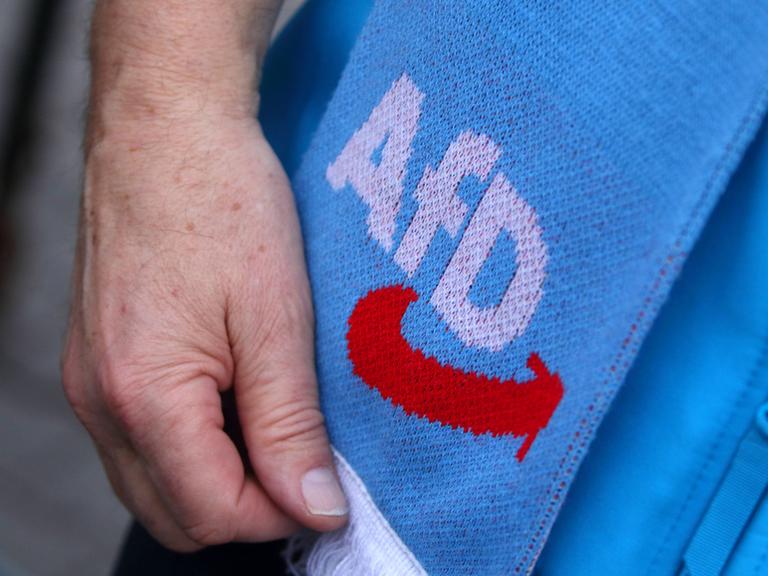 AfD-Anhänger trägt Schal mit AfD-Logo 
