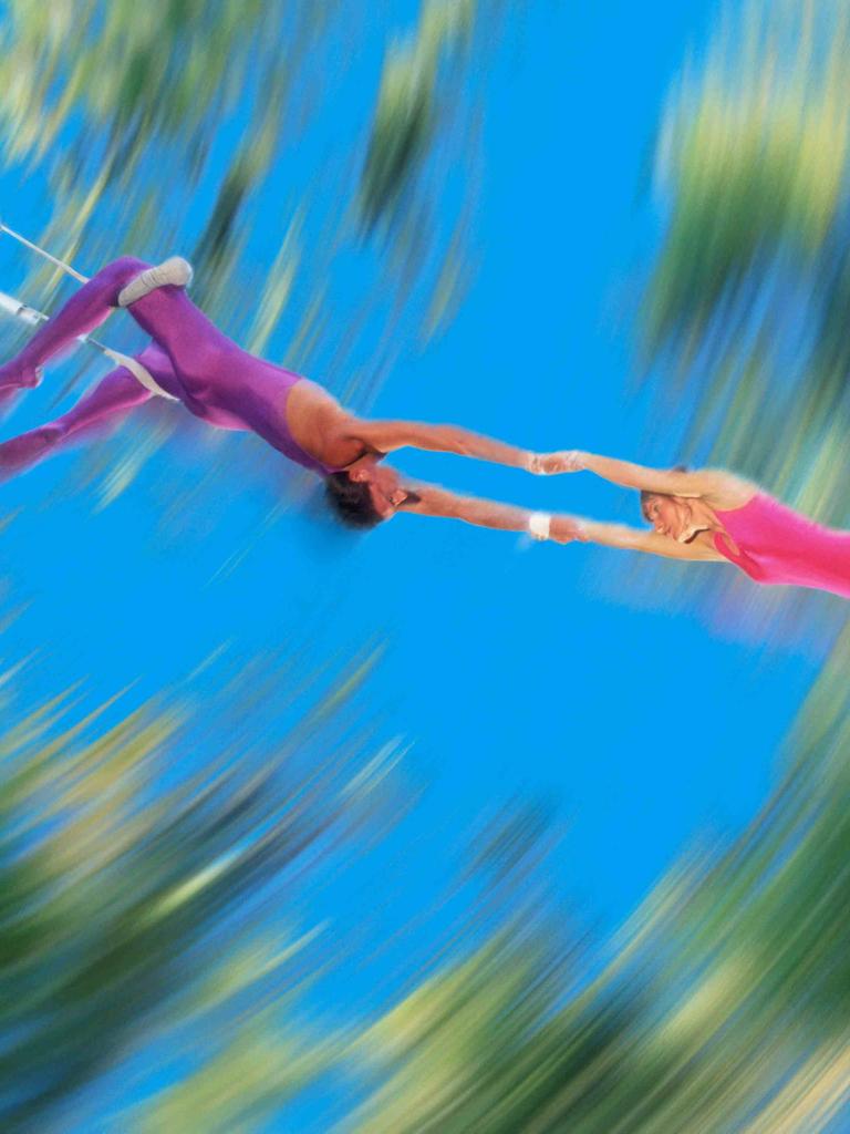 Verschwommenes Bild zweier Trapezkünstler: Ein männlicher Trapezartist hält eine Trapezkünstlerin.