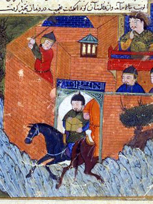 Mittelalterliche Darstellung einer persischen Felsenburg. Vier Männer stehen auf den Zinnen, einer reitet zum Tor hinaus. Vier warten auf Pferden vor der Burg.
