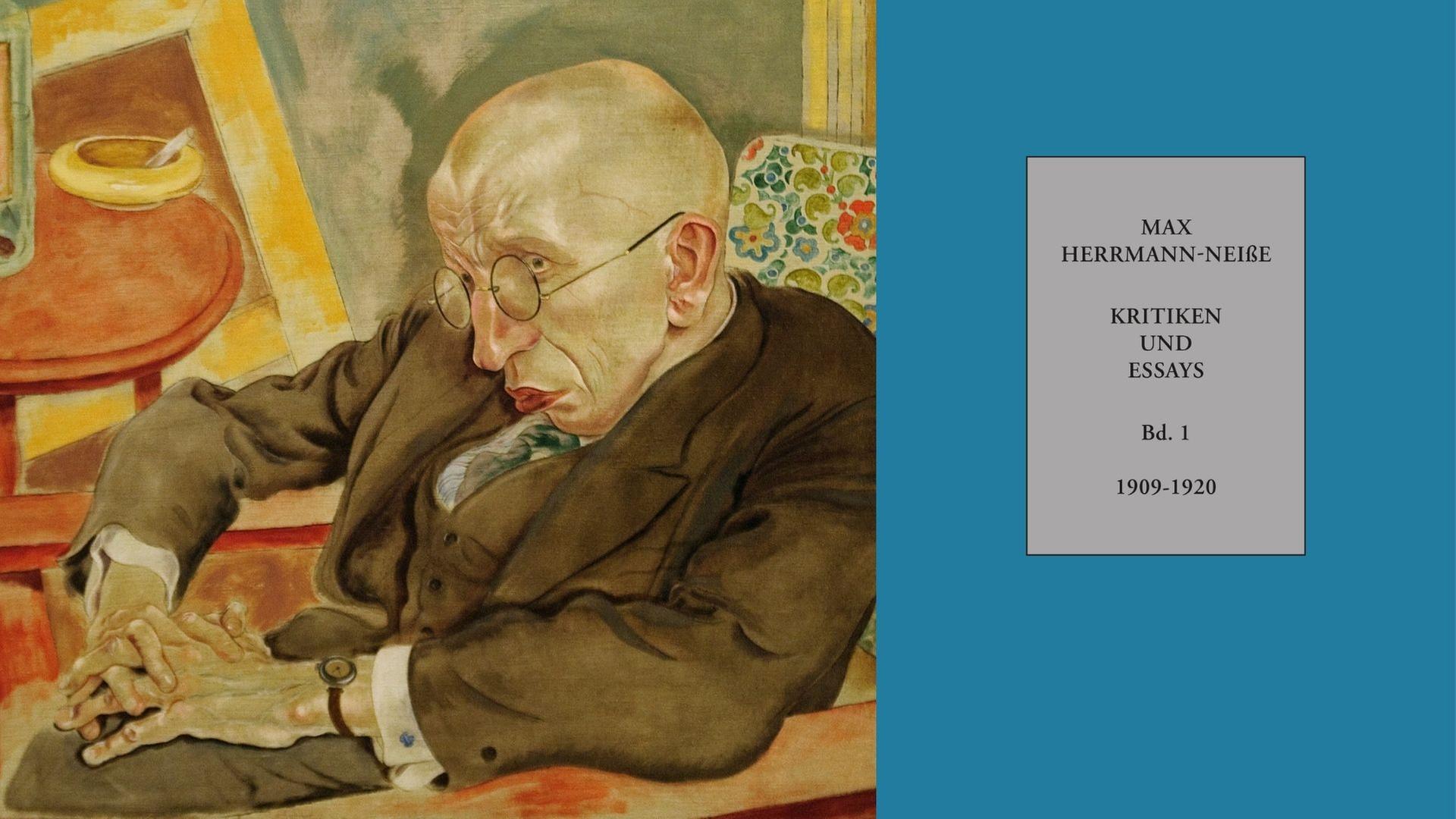 Der Schriftsteller Max Herrmann-Neiße 1927, auf einem Gemälde von George Grosz, der ihn in einem geblümten Sessel sitzend malte, als hätte man ihn darin zusammengeklappt (Museum of Modern Art, New York, Ausschnitt) und der Buchrücken der "Kritiken und Essays 1920-1924".