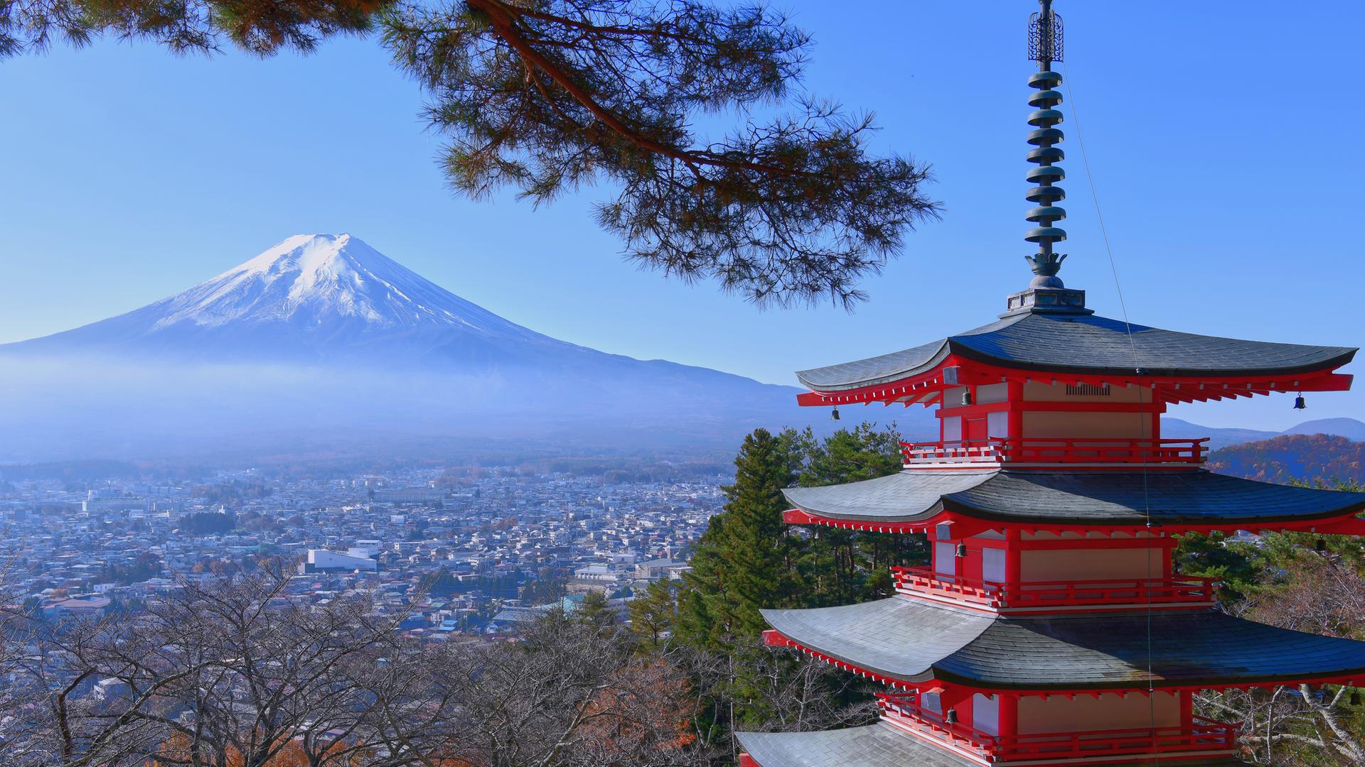 Die berühmte Chureito-Pagode mit Blick auf den von Schnee bedeckten Berg Fuji in Japan. 