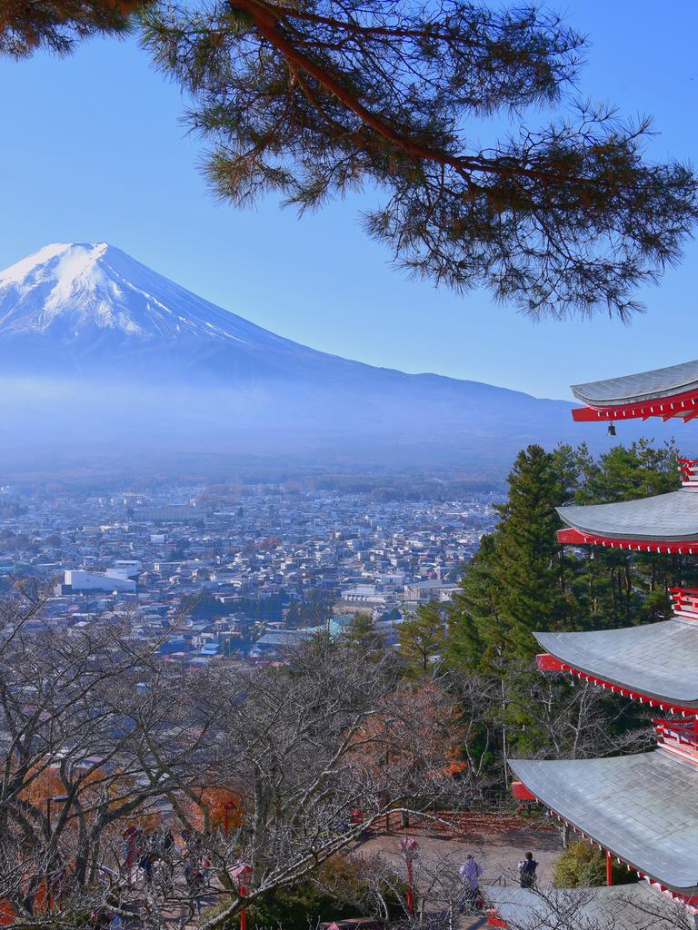 Die berühmte Chureito-Pagode mit Blick auf den von Schnee bedeckten Berg Fuji in Japan. 