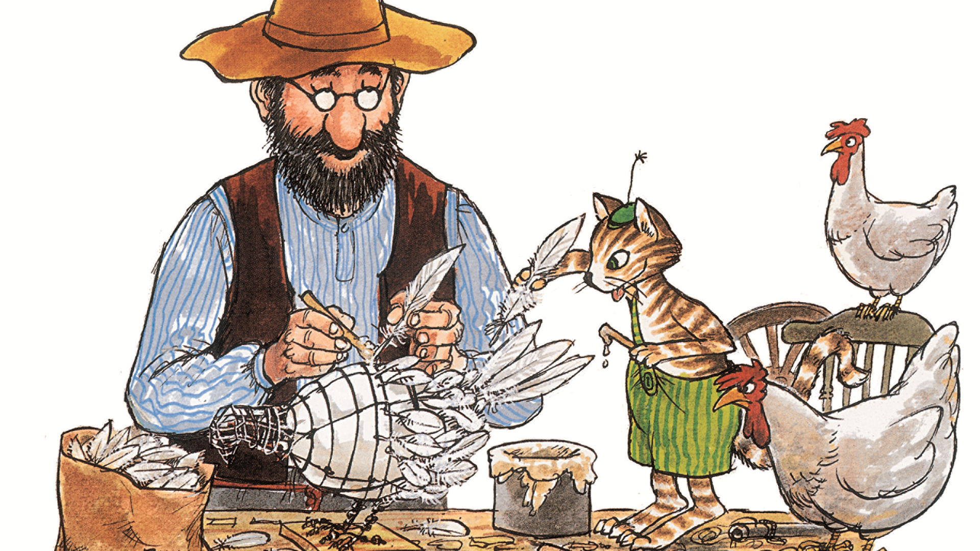 Die Illustration zeigt den bärtigen alten Mann Pettersson und seinen Kater Findus, der eine grüne Hose trägt und auf der Werkbank steht, an der Pettersson gerade einem Huhn Federn anklebt. Zwei weitere Hühner beobachten das Geschehen.