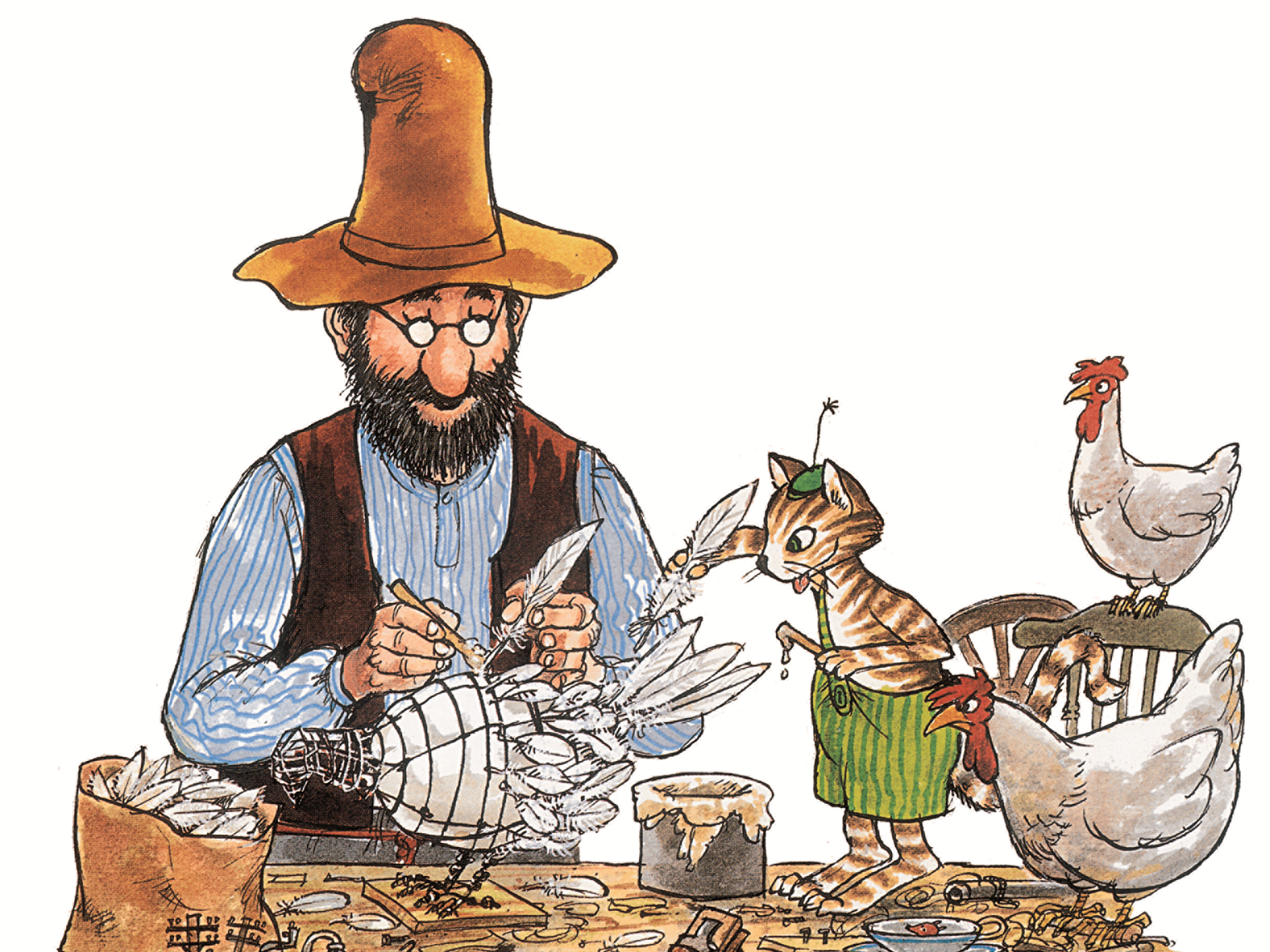 Die Illustration zeigt den bärtigen alten Mann Pettersson und seinen Kater Findus, der eine grüne Hose trägt und auf der Werkbank steht, an der Pettersson gerade einem Huhn Federn anklebt. Zwei weitere Hühner beobachten das Geschehen.