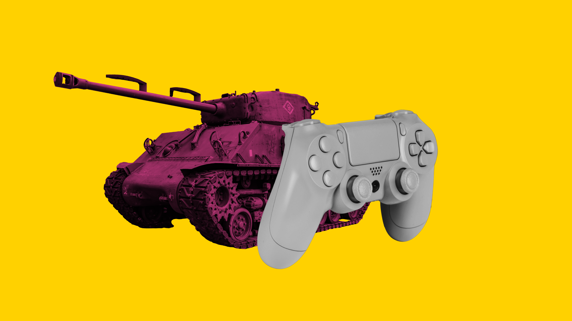 Ein Panzer und eine Spielkonsole vor einem gelben Hintergrund