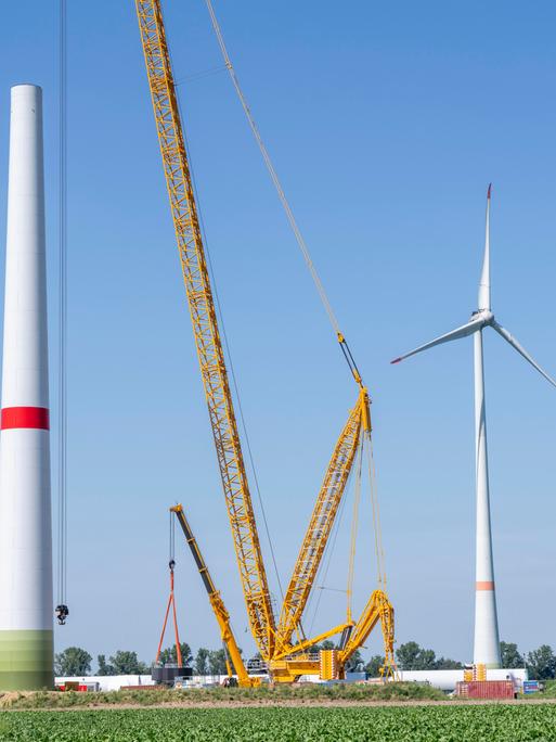 In einem Windpark bei Issum am Niederrhein wird eine alte Windkraftanlage demontiert und mit leistungsfähigeren Rotorblättern bestückt.