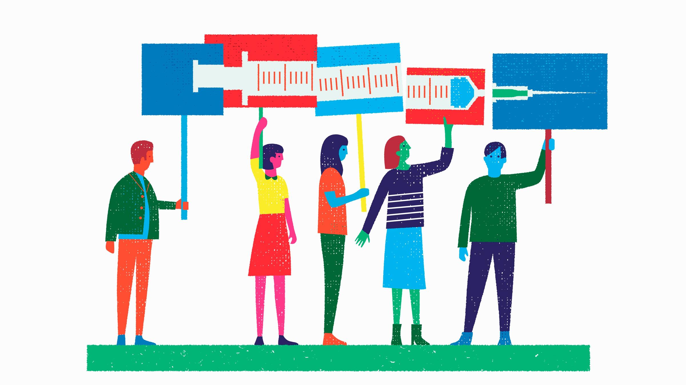 Illustration: Verschiedene Personen halten Plakate hoch, die eine Spritze bilden. Illustration: Verschiedene Personen halten Plakate hoch, die eine Spritze bilden.