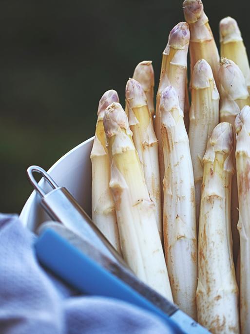 Frischer weisser Spargel in einer Schüssel. Halb darüber ein blaues Küchenhandtuch und ein Spargelschäler liegt mit in der Schüssel.